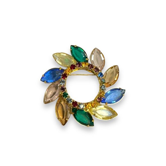 unsigned Jewelry - Vintage Multicolor Crystal Circle Brooch Cadmium Uranium Glass Glow 1 7/8”